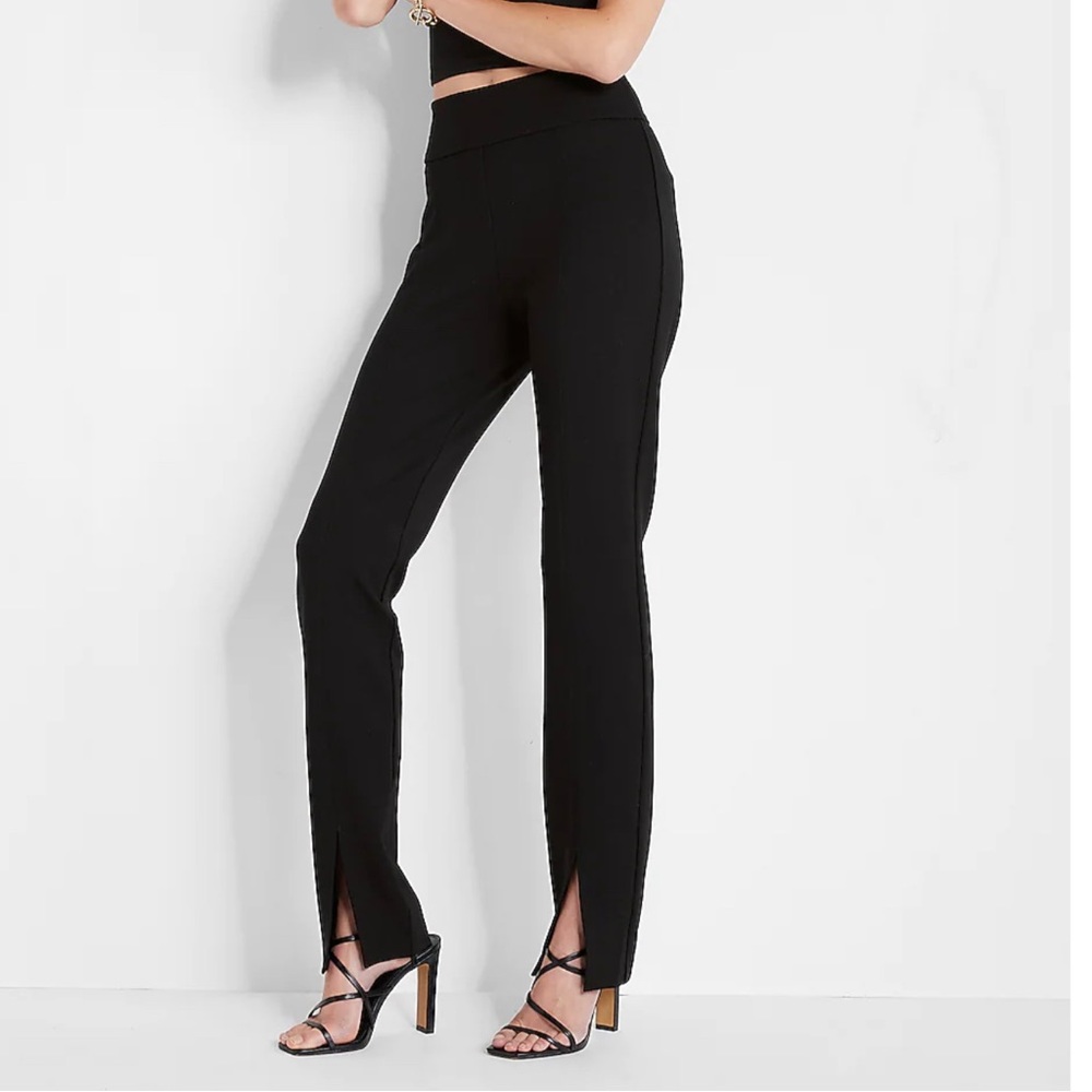 High waisted front vented straight leg black pants